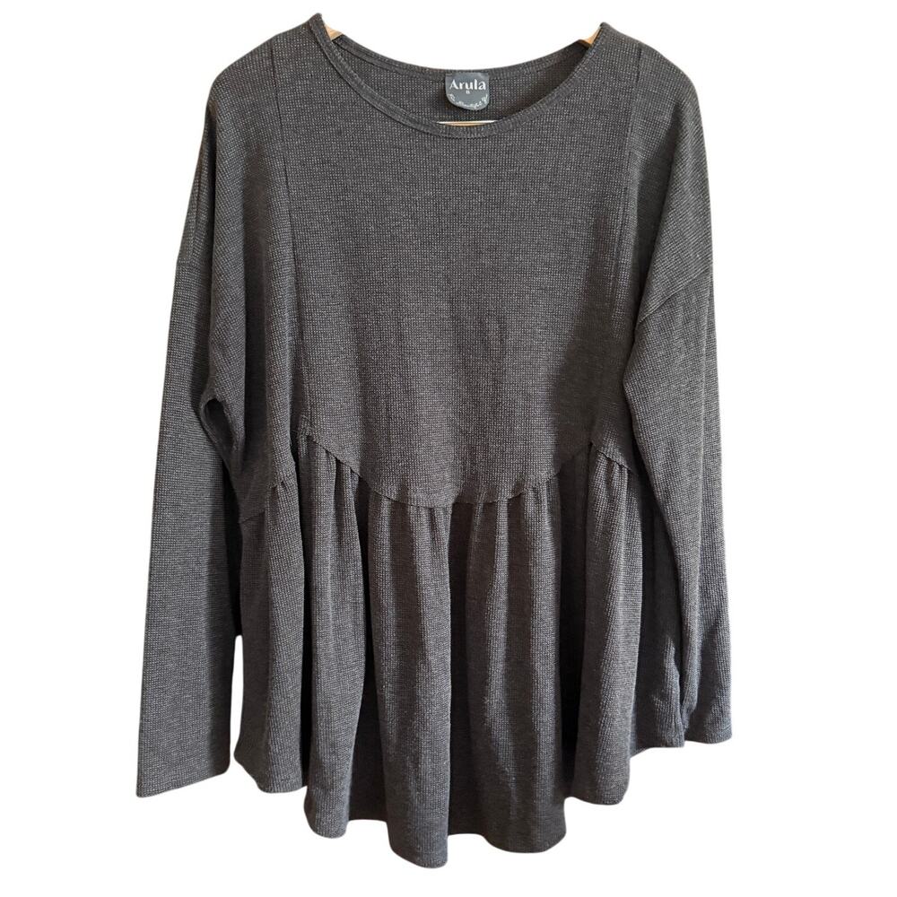 ARULA | Dark Gray Heather Waffle Scalloped Waist Babydoll Long Sleeve Top 2XL B - Picture 2 of 5